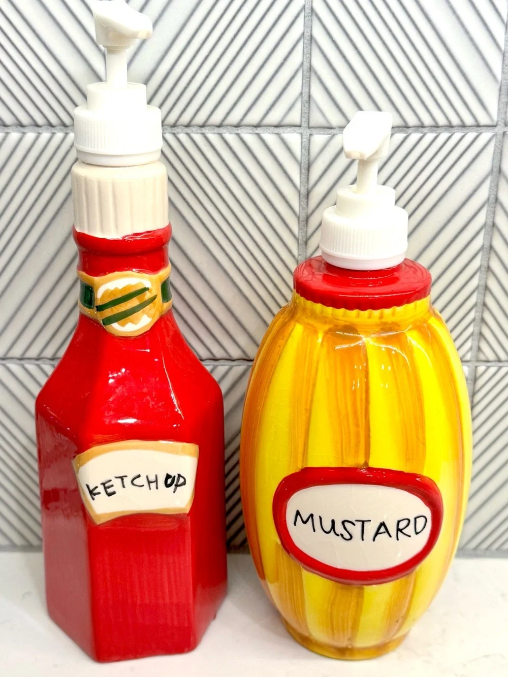 Ceramic Ketchup & Mustard Dispenser Set - Red and Yellow